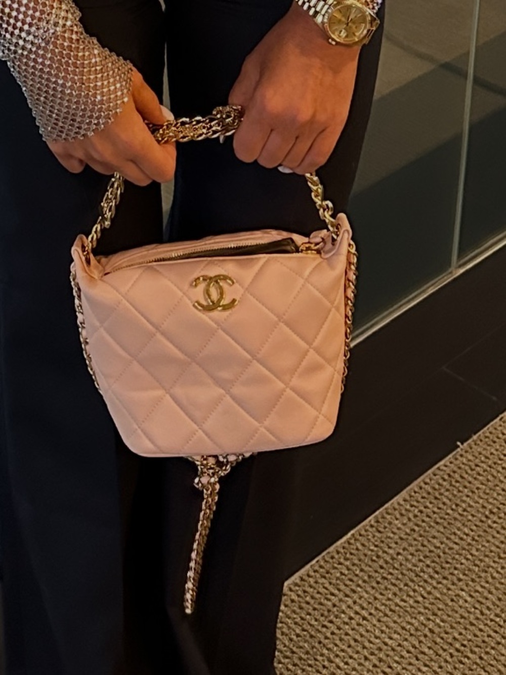 CHANEL Quilted Hobo bag light Pink lamb leather Crossbody Crystal Chain Handle